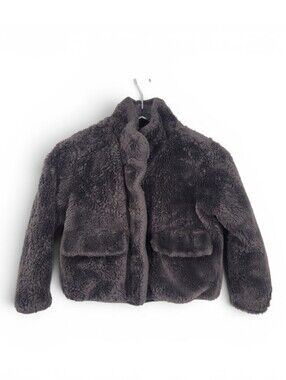 ZARA Kids Girls Charcoal Grey Faux Fur Fuzzy Teddy Jacket Coat Size 8-9